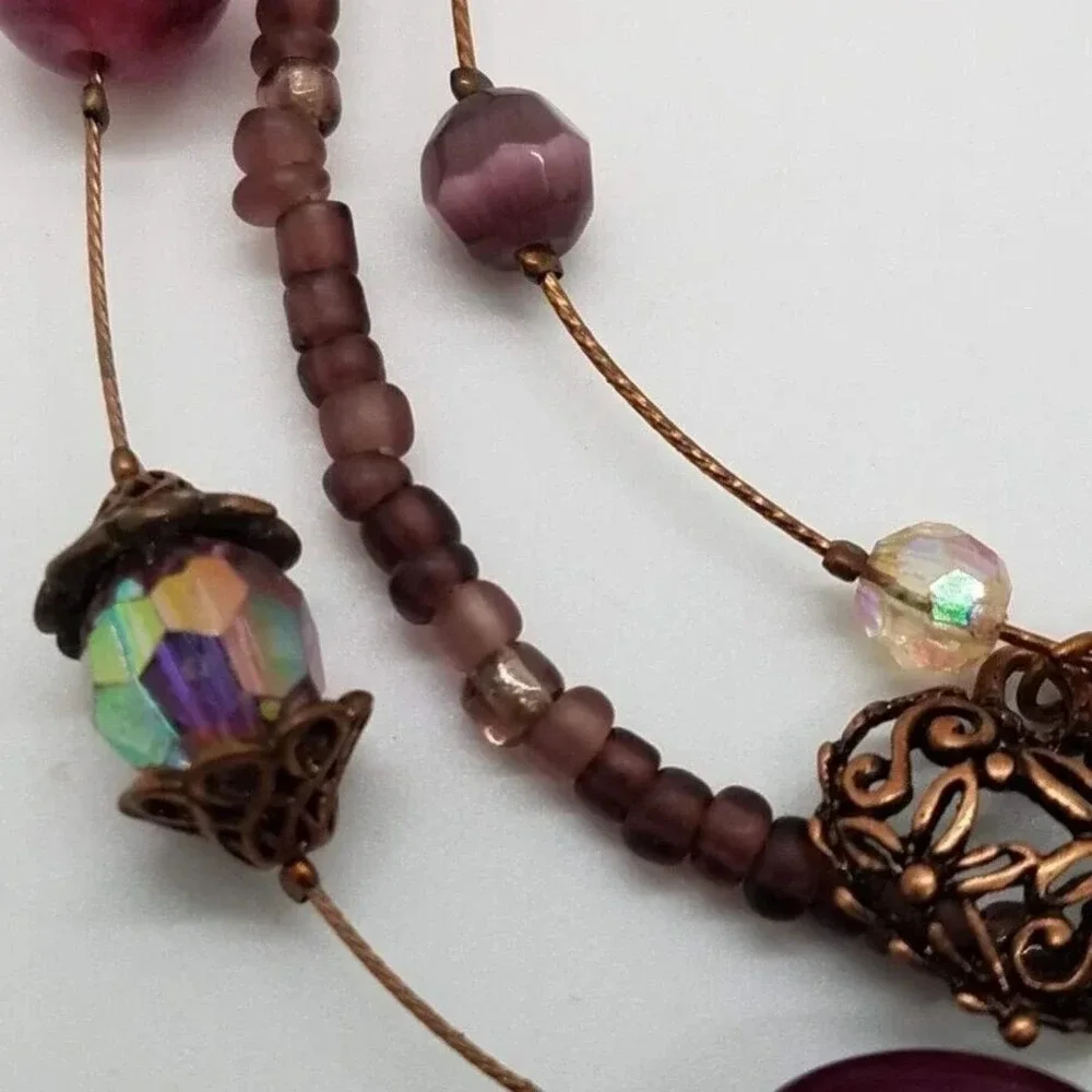 Purple Beaded Necklace‎ Earrings Set Bronze Tone Cross Key Heart Charms Women